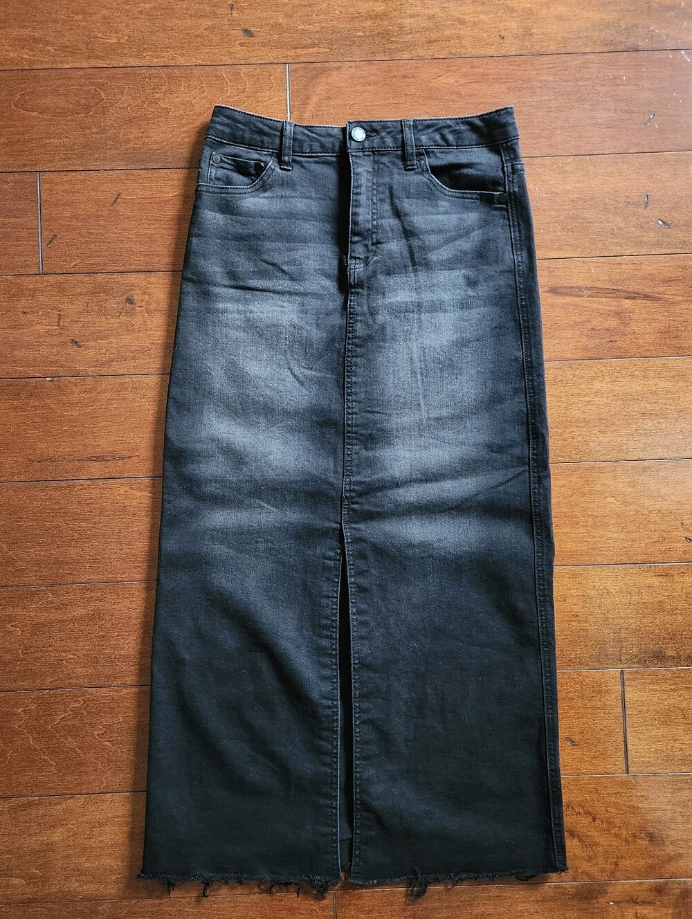 Oat New York Black Denim Maxi Skirt Raw Hem Size 27 (4)